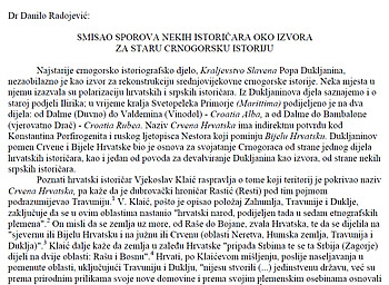 Dr Danilo Radojevic - Naucni rad oko izvora za staru crnogorsku istoriju